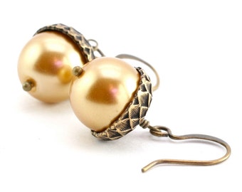 Acorn Earrings, Golden Champagne Pearl Earrings, Wedding Earrings