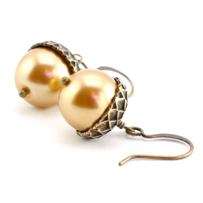 Acorn Earrings, Golden Champagne Pearl Earrings, Wedding Earrings image 1