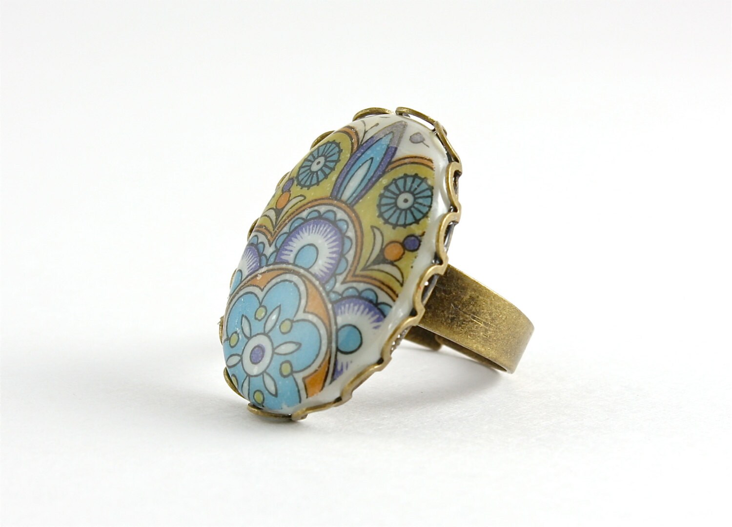 Vintage Mexican Tile Ring Blue Flower Ring
