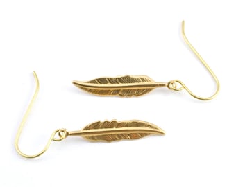 Tiny Gold Feather Earrings, Golden Feather, Bird Earrings, Under 10 Dollars