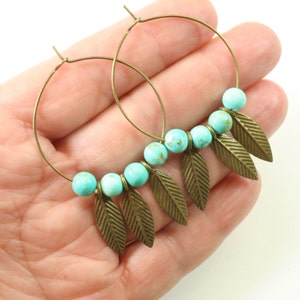 Bronze Leaf Hoop Earrings, Bronze and Turquoise Hoop Earrings, Big Hoop Earrings image 3