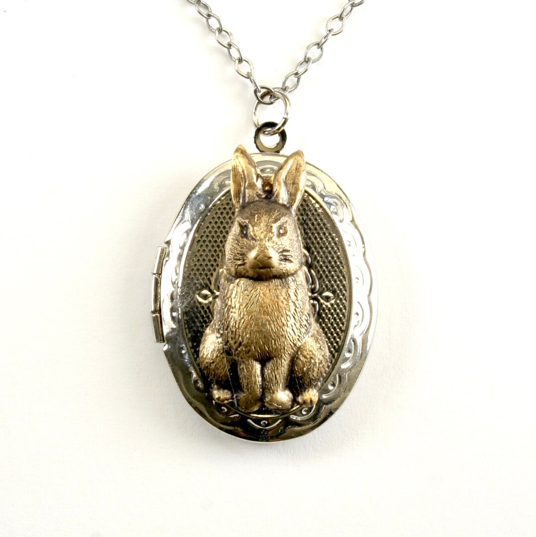Rabbit Locket, Antiqued Gold Bunny Keepsake Oval Locket Necklace ...