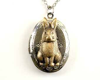 Rabbit Locket, Antiqued Gold Bunny Keepsake Oval Locket Necklace, Silver Locket, Oval Lockets, Native Sisters