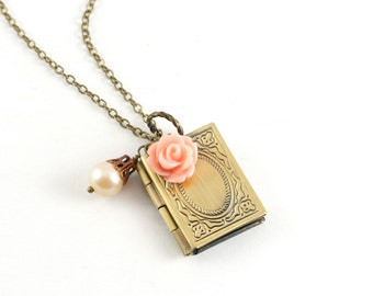 Vintage Book Locket Necklace, Choose A Color Rose, Pearl Charm, Bridesmaid Gift, Victorian Style