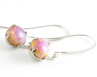 Opal Earrings, Vintage Fire Opal, Harlequin Opal, October Birthstone, Set in Sliver