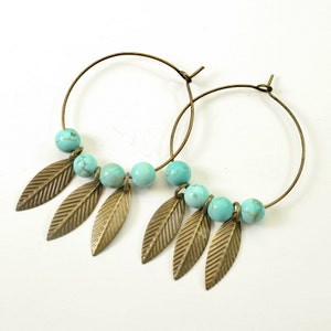 Bronze Leaf Hoop Earrings, Bronze and Turquoise Hoop Earrings, Big Hoop Earrings image 1