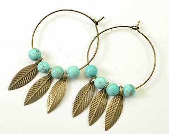 Bronze Leaf Hoop Earrings, Bronze and Turquoise Hoop Earrings, Big Hoop Earrings