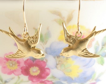 Tiny Gold Bird Earrings, Golden Swallow Earrings, Dangle Bird Earrings, Wedding Jewelry, Feather Earrings