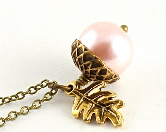 Pink Acorn and Oak Leaf Necklace, Light Pink Pearl Acorn, Woodland Acorn Pendant