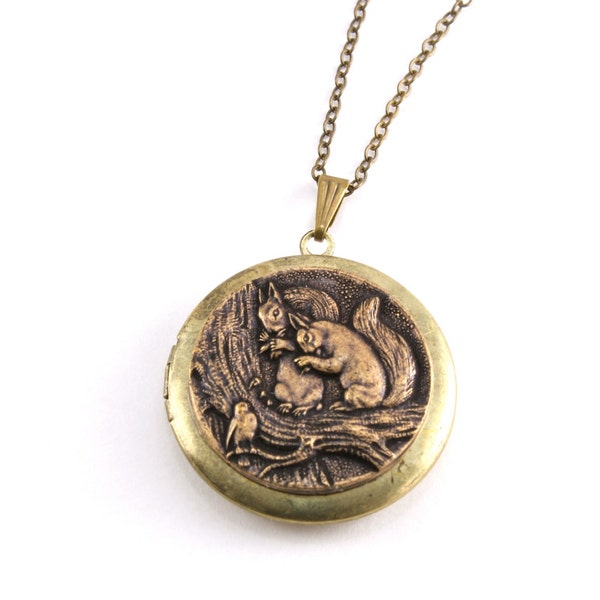 Squirrel Locket Pendant Necklace, Large Round Locket Necklace, Antiqued Brass Locket Pendant