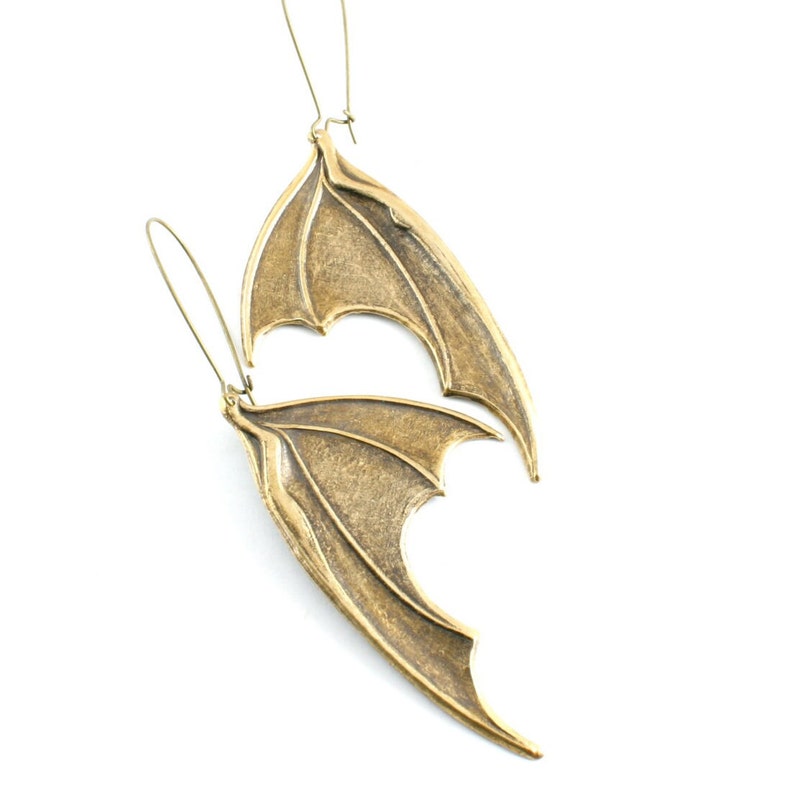 Large Antiqued Brass Bat Wing Earrings, Dragons Wings Earrings, Neo Victorian Gothic Earrings, Large Vampire Wing Earrings image 1