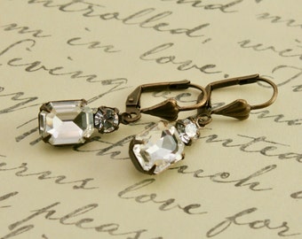 Vintage Clear Rhinestone Earrings, Wedding Earrings, Rectangular Rhinestone Drops, Diamond Dangle Earrings