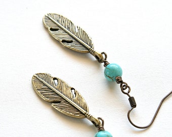 Boho Feather Earrings, Turquoise Earrings, Feather Jewelry, Southwestern Santa Fe Jewelry