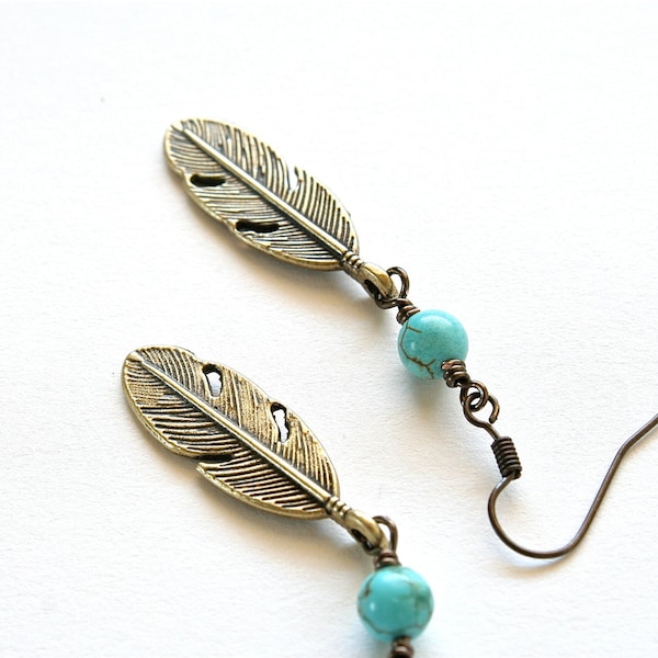 Boho Feather Earrings, Turquoise Earrings, Feather Jewelry, Southwestern Santa Fe Jewelry