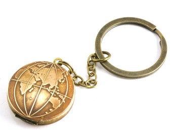 Old World Globe Locket, Vintage Locket Key Fob, Globe Key Chain, Locket Key Ring, East, West or Double Sided you choose