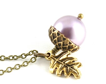 Lavender Acorn and Oak Leaf Necklace, Light Purple Pearl Acorn, Woodland Acorn Pendant