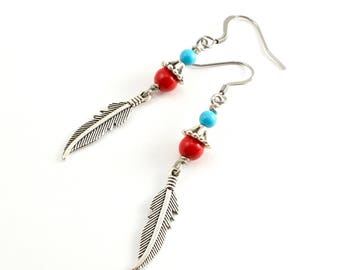 Silver Feather and Beaded Earrings, Red Stone Turquoise and Silver Feather Earrings, Native American Style Earrings, Boho Chic Earrings