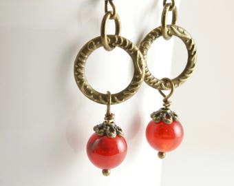 Burnt Orange Agate Earrings, Antique Brass and Orange Agate Earrings, Agate Dangle Earrings, Red Agate Earrings