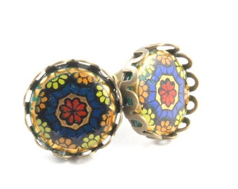 BoHo-Hippie Mosaic Post Earrings, Glass Kaleidoscope Earrings, Cabochon Earrings, Glass Cameo, Stud Earrings