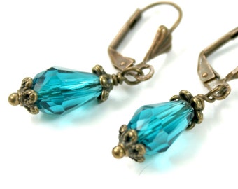 Victorian Style Peacock Blue Teardrop Earrings, Antiqued Bras and Blue Earrings, Drop Earrings, Wedding Jewelry