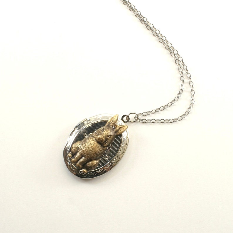 Rabbit Locket, Antiqued Gold Bunny Keepsake Oval Locket Necklace, Silver Locket, Oval Lockets, Native Sisters image 3