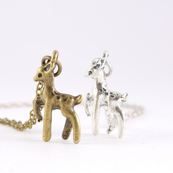 SALE-Tiny Deer Necklace, Silver or Brass Reindeer Necklace