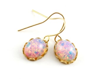 Harlequin Opal Dangle Earrings, Tiny Fire Opal Earrings, Faux Opal Drop Earrings