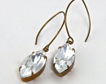 Vintage Navette Rhinestone Earrings, Crystal Clear Rhinestone Earrings, Affordable Bridal Jewelry