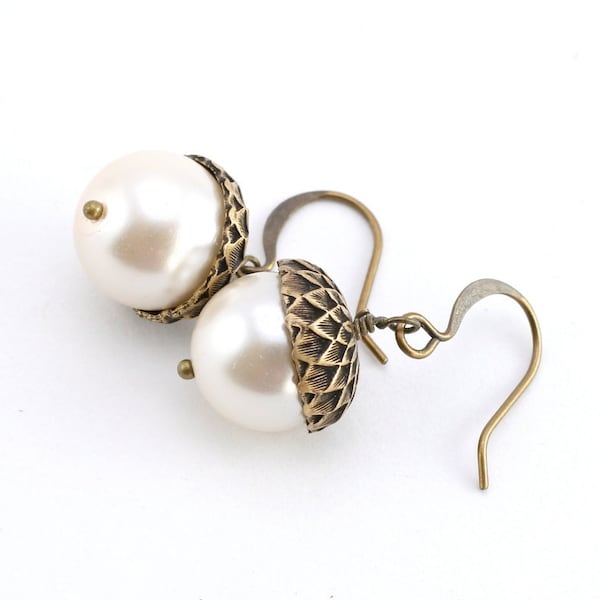 Fall Acorn Earrings, Cream White Pearl Earrings, Fall Wedding Jewelry, Bride Earrings