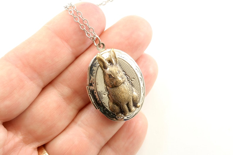 Rabbit Locket, Antiqued Gold Bunny Keepsake Oval Locket Necklace, Silver Locket, Oval Lockets, Native Sisters image 5