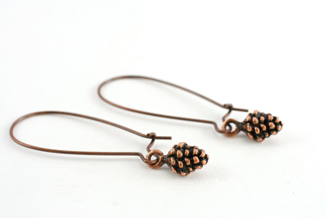 Tiny Copper Pine Cone Earrings, Copper Pinecone Charm, Dangle Earrings