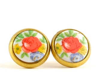 Vintage Rose Cameo Earrings, Spring Flowers, Glass Cameo Earrings, Post Earrings