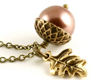 Chocolate Acorn and Oak Leaf Necklace, Cocoa Brown Pearl Acorn, Woodland Acorn Pendant