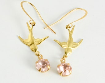 Gold Bird Earrings with Pink Rhinestones, Bird Earrings, Rhinestone Earrings, Swallow Earrings, Wedding Earrings, Bridesmaids Gift
