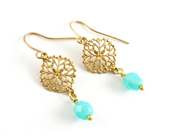 Golden Filigree and Sea Glass Earrings, Turquoise Blue Glass Earrings, Gold Drop Earrings