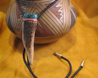 Bolo Tie by Forrest Forge, Deer Antle Prong with Turquoise Cap