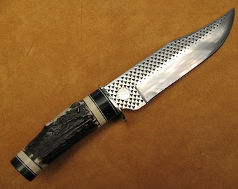 Bowie Knife with Deer Antler, Ebony and Ivory Micarta Spacers and End Cap
