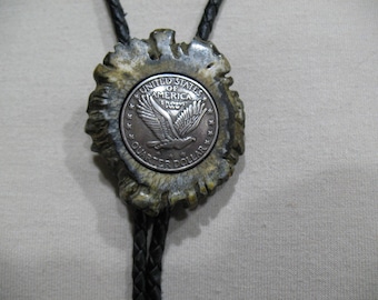 Bolo Tie by Forrest Forge, Deer Antler Button with Flying Eagle Coin