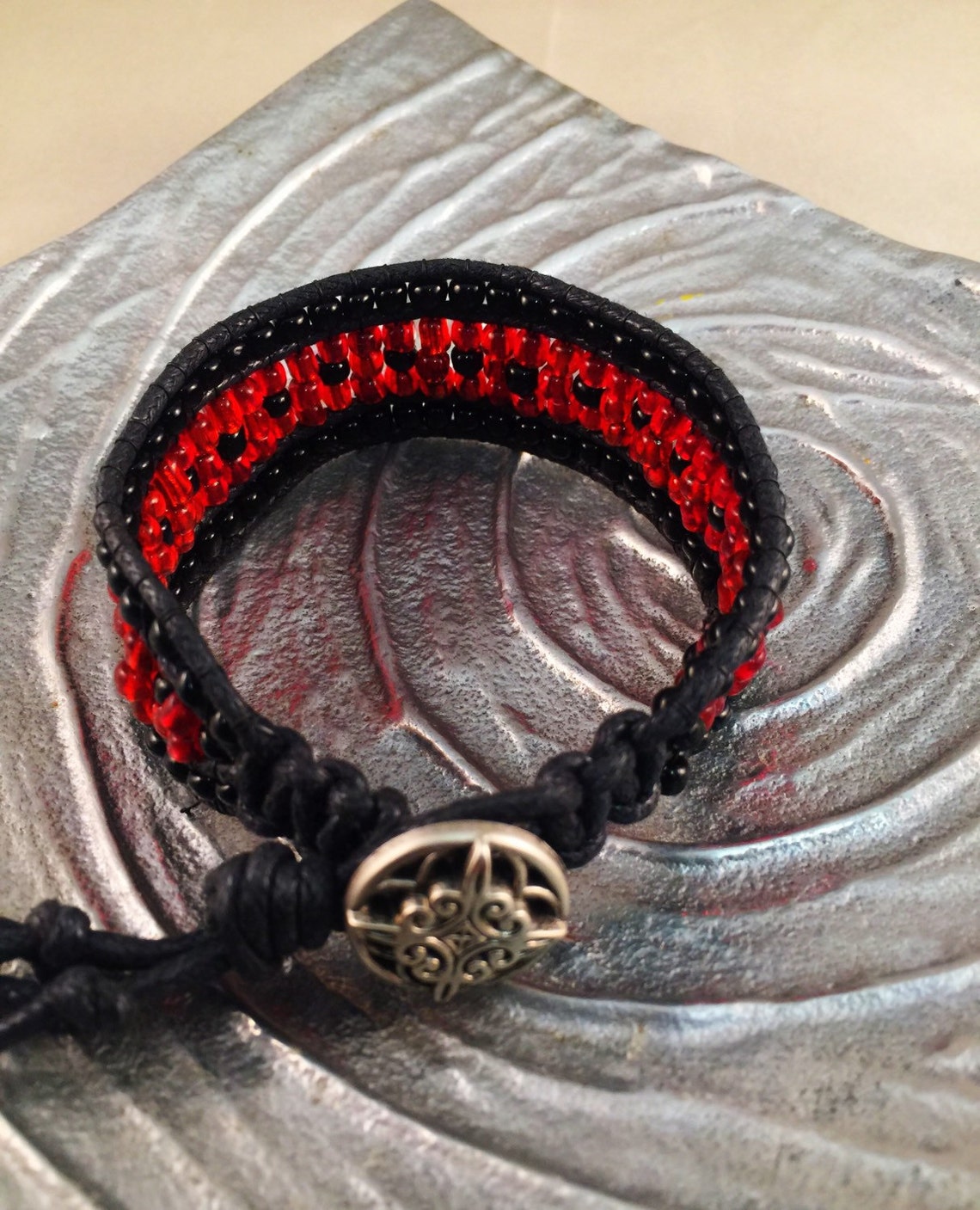 Red and black beaded woven bracelet Etsy