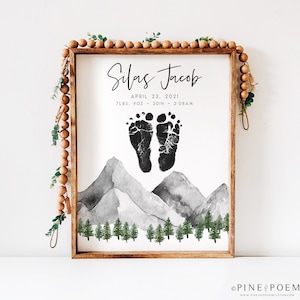 Mountain Footprint Art: Personalized Birth Announcement, Woodland Nursery Decor (UNFRAMED)