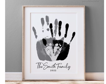 Gift for New Dad, First Father's Day Gift, Baby Footprint & Handprint Art Print, Personalized Family Portrait, 8x10 inches UNFRAMED
