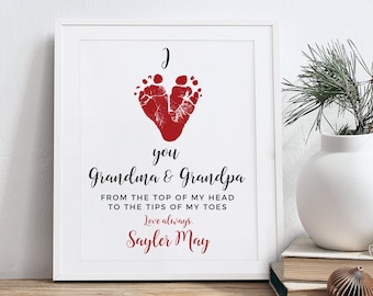 Christmas Gift for Grandparents from Baby, Personalized I Love You Footprint Art Print using Your Child's Stamped Feet, UNFRAMED