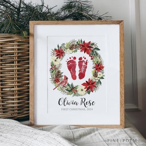 Baby&#39;s First Christmas Footprint Art Print, Custom Holiday Home Decor Gift, Personalized with your Baby&#39;s Actual Feet, UNFRAMED