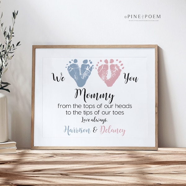 First Mother's Day Gift from Twins, New Mom, Personalized We Love You Baby Footprint Art, Your Child's Feet, 8x10 or 11x14 inches UNFRAMED