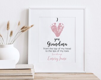 Mother's Day Gift for Grandma Personalized I Love you Grandmother Baby Footprint Art Print, Your Child's Feet, 8x10 or 11x14 UNFRAMED