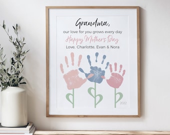 Personalized Handprint Flower Art Print, Mother's Day Gift for Grandma, UNFRAMED