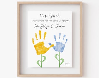 Gift for Teacher, Nanny, Daycare, Babysitter, Handprint Flower Art Print, Personalized Thank you Present using Your Child's Hands, UNFRAMED