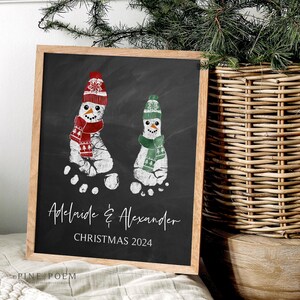 Personalized Footprint Snowman Christmas Art Print: Sibling Holiday Decor (UNFRAMED)