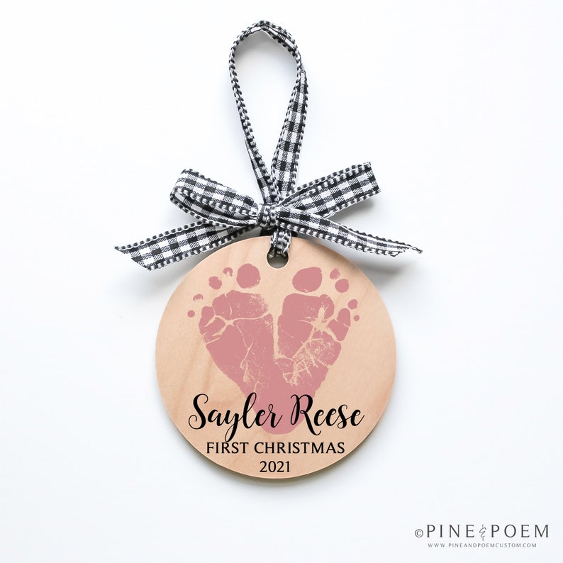 Baby Girl Footprint heart First Christmas Ornament. Wood ornament with black check ribbon, baby name and date. Farmhouse Christmas Gift for New Parents, Mom or Dad