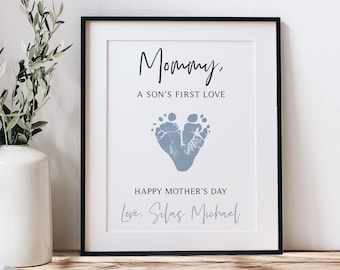 First Mother's Day Gift for New Mom, Mommy, a son's first love footprint Heart Art Print using Your Child's Feet 8x10 or 11x14 in UNFRAMED